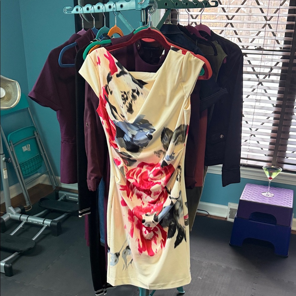 White House Black Market Asymmetrical Dress - Cream, Red, Blue Floral